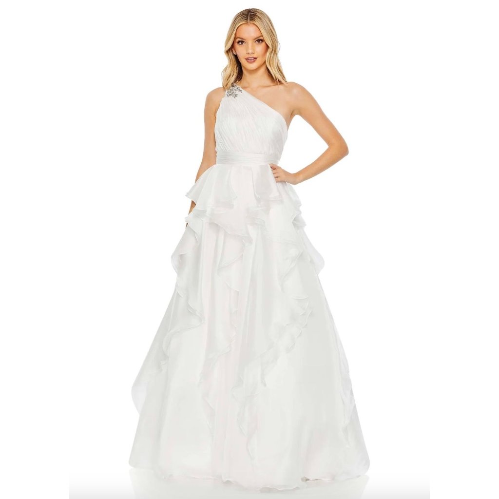 Mac Duggal Jewel Broach One Shoulder Cascade Layered Gown Size 6 Bride Prom